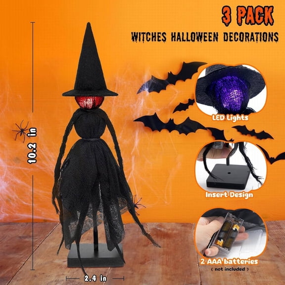 Halloween Decorations Indoor Set Of 3 Primitive Witch with Hats Spooky Halloween Witch Figurines with 3 Led Colors for Mantel Shelf Tabletop Decor