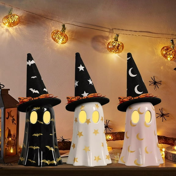 Halloween Decorations Indoor, Set of 3 Ceramic Ghosts with Witch Hats, Cute Spooky Halloween Ghost Figurines for Mantel, Shelf & Tabletop Decor