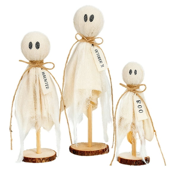 Halloween Decorations Indoor - Set of 3 Primitive Halloween Ghosts on Wooden Stand for Table Centerpieces, Shelves, and Mantels