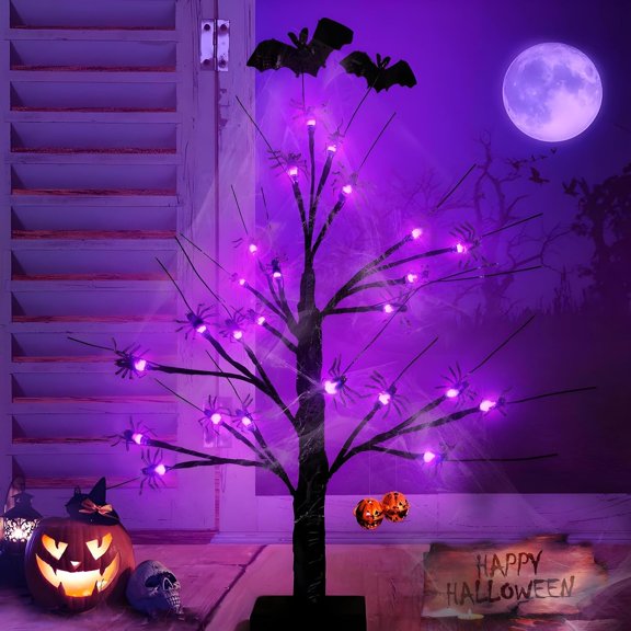 Halloween Decorations Indoor Spider Lights Tree, 2Ft Black Spooky Tree with Spider,Web,Bat and Pumpkin Bell Halloween Tree Decorations,Battery and USB Halloween Black Tree for Home Mantel Party Decor