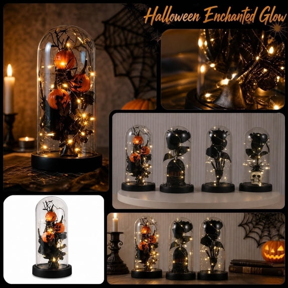 Halloween Decorations Indoor Spooky Glass Cloche with Base Warm String Lights for Table Party Decor and Halloween Home Decor