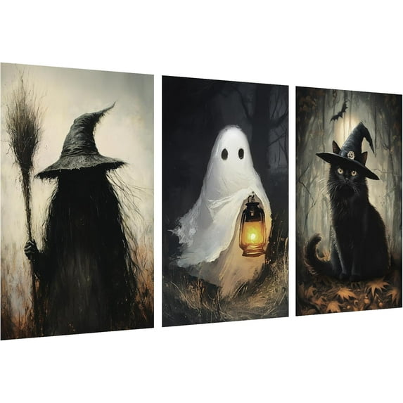 Halloween Decorations Indoor Wall Decor: 3 pcs Large Scary Witch Ghost Black Cat Canvas Poster, Classic Horror-themed Halloween Wall Art, Goth Dark Moody Paintings for Living Room Bedroom,