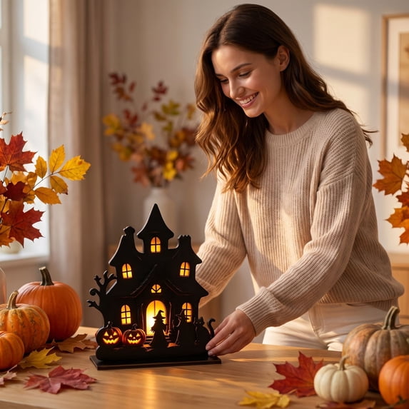 Halloween Decorations Indoor Wooden Silhouette Tabletop Ornament for Fall Decor & Room Decor, Spooky Horror Decor Accent for Home Shelf Mantel Party Display, 5.9 Inch - B