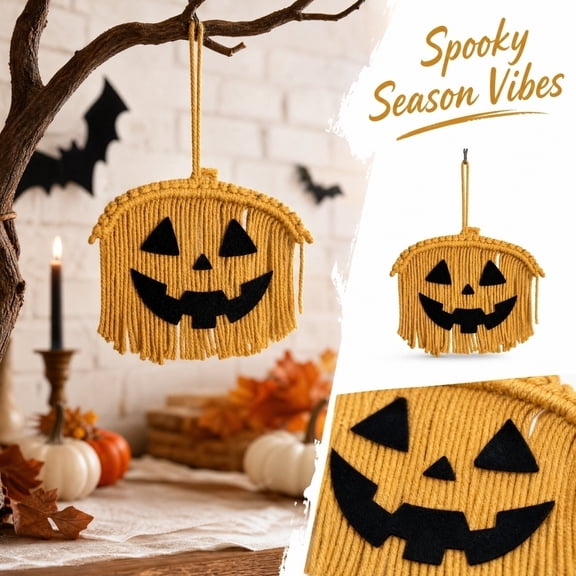 Halloween Decorations, Jack O Lantern Macrame Door Hanger with Woven Cord Fringe, 11.8 in Pumpkin Wall Decor for Front Door and Porch