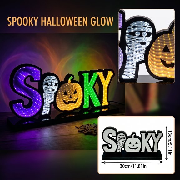 Halloween Decorations LED Infinity Mirror Spooky Letter Sign Light,Multi-Color Light Up Tabletop Lamp with Base and Power Cord,Luminous Ornaments for Indoor Home Decor Halloween Gifts