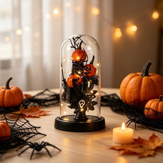 Halloween Decorations LED Light Up Black Rose Skull Skeleton Hand in Glass Dome Battery-Operated Tabletop Decor with Fairy Lights Spooky Gothic Party Decor Gifts For Mom Wife Her