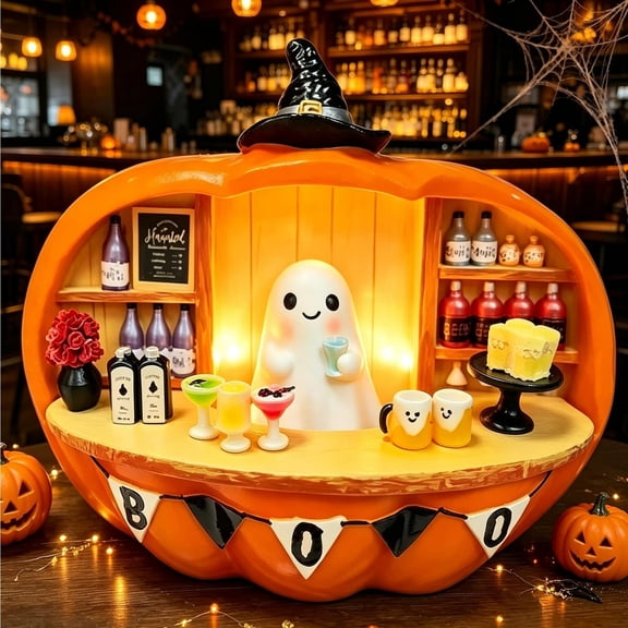 Halloween Decorations, LED Lighted Pumpkin Ghost Bar Resin Figurine, Witch Hat Boo Banner Mini Bar Scene Statue, Fall Autumn Mantel Table Centerpiece, Farmhouse Thanksgiving Hostess Gift