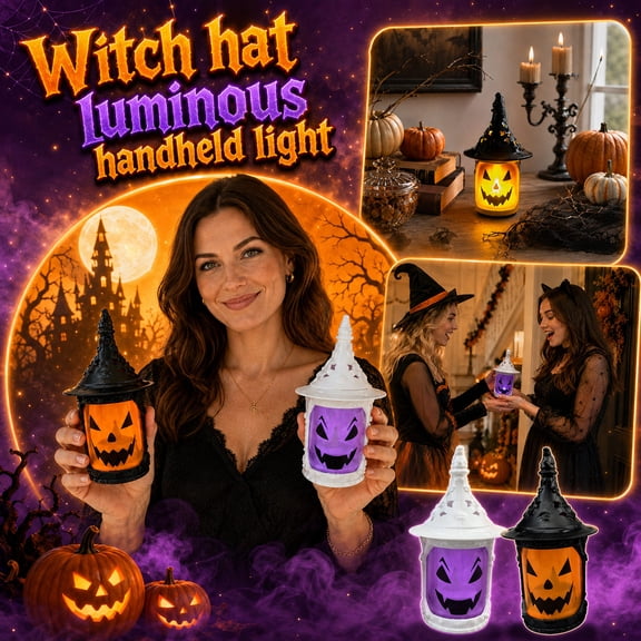 Halloween Decorations LED Witch Hat Pumpkin Lantern, Glowing Jack-o'-Lantern Handheld Prop for Table & Mantel Display, 5.5" Tall White