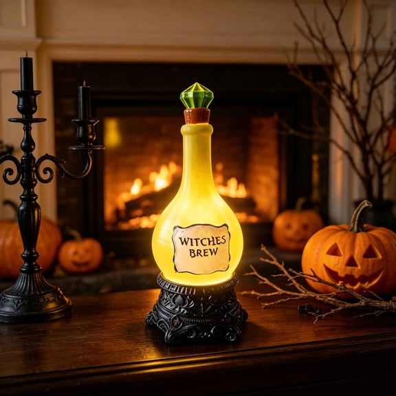 Halloween Decorations - LED Witches Brew Potion Bottle Light Glitter Green Halloween Decorative Bottle Lamp with Black Base Spooky Tabletop Decor for Home Party