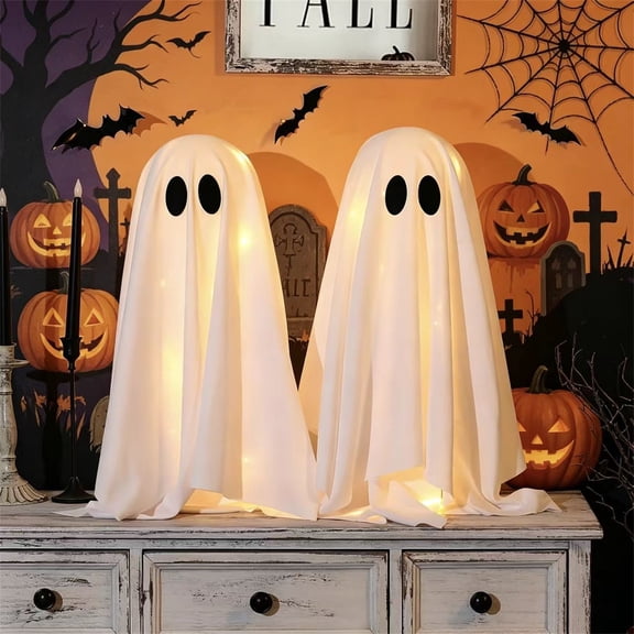 Halloween Decorations Light Up Ghost Figurines 2 Pack with Fabric Covers Plastic Hemispheres Bases Support Rods for Outdoor Yard Lawn Porch Desktop Halloween Party Holiday Home Decor