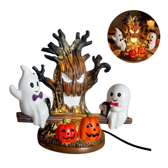 Halloween Decorations, Light Up Ghost Seesaw Haunted Tree Tabletop Figurine, Spooky Haunted Tree LED Night Light, Resin Halloween Statue for Mantel Shelf Indoor Party Home Decor