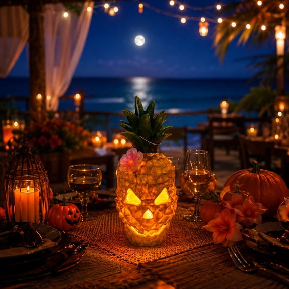 Halloween Decorations, Light Up Halloween Decorations, Pineapple Decorations, Tropical Party Decorations, 10 Inch Spooky Led Glowing Scary Pineapple Jack-O-Lantern for Indoor
