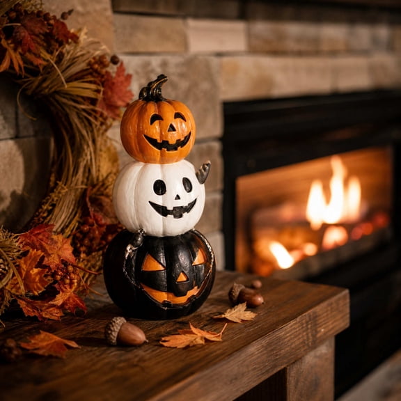 Halloween Decorations Light Up 3 Stacked Pumpkin Figurine LED Spooky Tabletop Centerpiece Mantel Home Party Decor