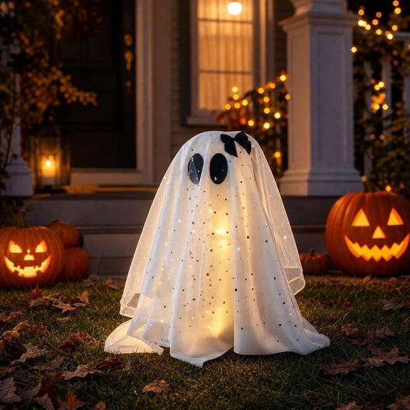 Halloween Decorations Lighted Standing Ghost, Adjustable 19.7-27.6 Inch Tulle Ghost with Remote Control for Entryway, Fireplace and Party Decor, White