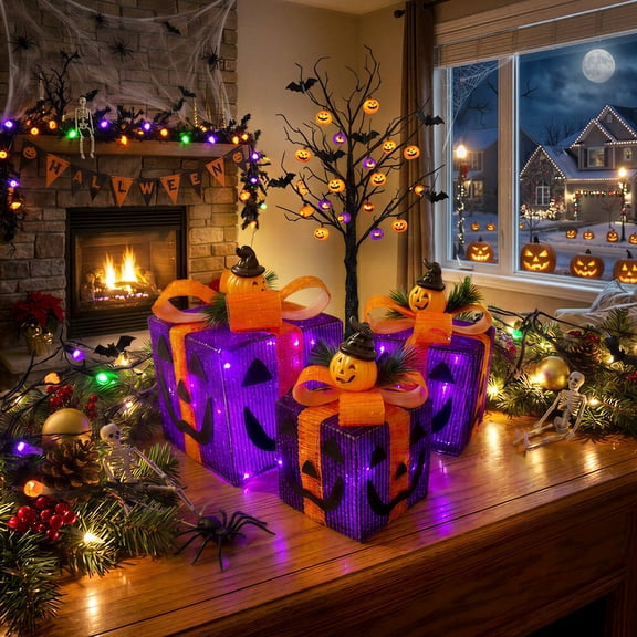 Magotan 3Pcs Halloween Lighted Gift Boxes, Halloween Decoration Indoor with Bows Decor for Halloween Yard Patio Garden, Purple