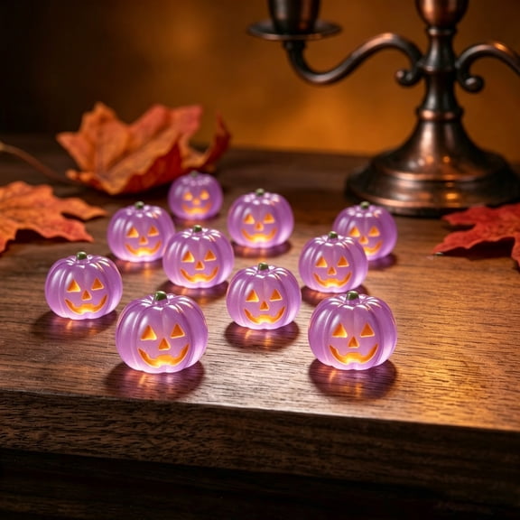 Halloween Decorations,Luminous Mini Pumpkins 10 Pack, Resin Halloween Decorations, Glowing Artificial Pumpkins for Fall Table(Purple)