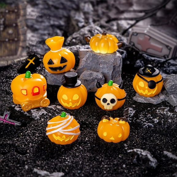 Halloween Decorations Mini Pumpkins Figurines, Small Pumpkin Ghost DIY Ornaments, Luminous Ghost Pumpkins Car Dashboard Decor, Halloween Garden Miniature Landscape for Bonsai Crafts (E)
