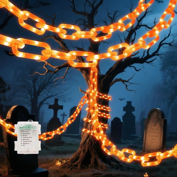 Halloween Decorations Outdoor 10FT 160LED Orange Chain Lights, Battery Operated String Lights with 8 Modes & Timer for Yard Porch Tree Party, Spooky Halloween Decorations Indoor.