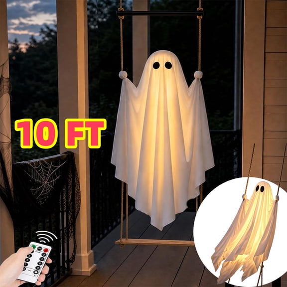 Halloween Decorations Outdoor, 10FT Pre-Assembled Hanging Swing Ghost with Remote Lights, Hanging Ghosts for Porch Yard Tree Party