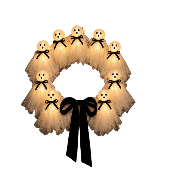 Halloween Decorations Outdoor, 11.8" Glowing White Ghost Garland, Spooky Ghost Decoration Lighted Ghost Wreath with Black Bow for Front Door Wall Porch Party Decor