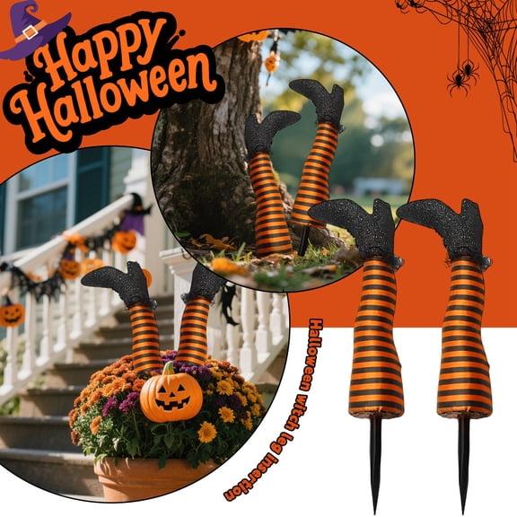 Halloween Decorations Outdoor 19 Inch Orange Black Striped Wicked Witch Leg Stakes, Outdoor Halloween Decorations for Front Yard Lawn Garden, 2 Pack Halloween Party Decorations