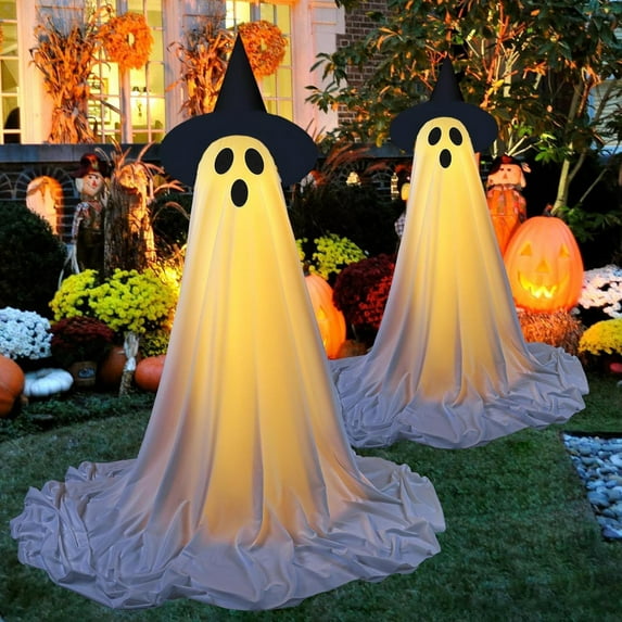 Halloween Decorations Outdoor 2 PCS Spooky Ghost with Witch Hat,Battery Powered Horror Standing Ghost with LED Lights,Large Scary Garden Decor for Front,Porch,Yard,Mantels Display,Halloween Party