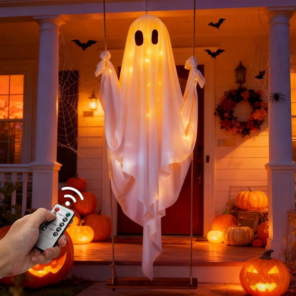 Halloween Decorations Outdoor - 3.2FT Large Hanging Swing Ghost with Swing Board, Hemisphere, Remote Control And String Lights , Scary Ghost Halloween Party Decor Outside