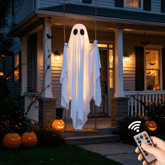 Halloween Decorations Outdoor - 3.3FT Large Hanging Swing Ghost with Remote Control String Lights & Upgraded Sheet,Scary Ghost Halloween Party Decor Outside for Tree Porch Yard Garden Lawn