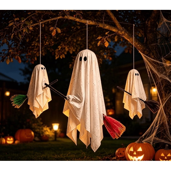 Halloween Decorations Outdoor, 3 Pack Hanging Ghosts on Brooms with Built-in Warm Lights, Flying Ghost Family Decor, Floating Gauze Ghost for Tree, Porch, Yard, Patio, Indoor Halloween Decorations