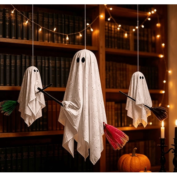 Halloween Decorations Outdoor, 3 Pack Hanging Ghosts on Brooms with Built-in Warm Lights, Flying Ghost Family Decor, Floating Gauze Ghost for Tree, Porch, Yard, Patio, Indoor Halloween Decorations