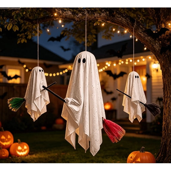 Halloween Decorations Outdoor, 3 Pack Hanging Ghosts on Brooms with Built-in Warm Lights, Flying Ghost Family Decor, Floating Gauze Ghost for Tree, Porch, Yard, Patio, Indoor Halloween Decorations