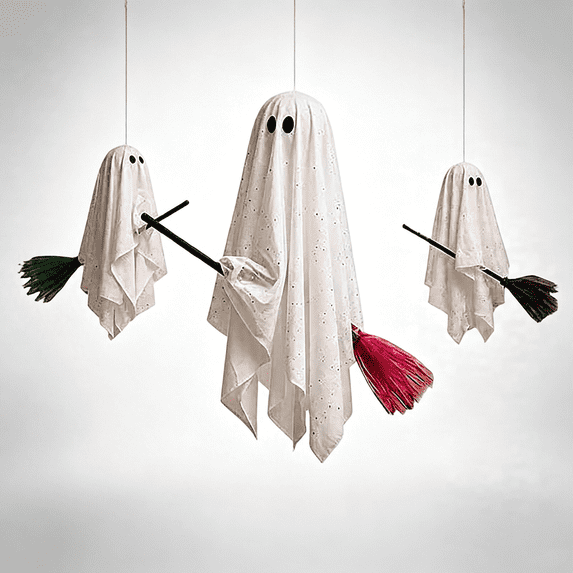 Halloween Decorations Outdoor, 3 Pack Hanging Ghosts on Brooms without Lights, Flying Ghost Family Decor, Floating Gauze Ghost for Tree, Porch, Yard, Patio, Indoor Halloween Decorations