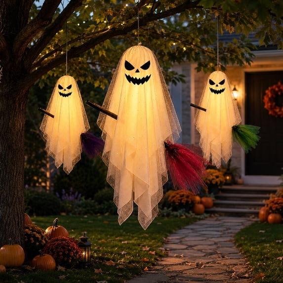 Halloween Decorations Outdoor, 3 Pack Hanging Light Up Ghosts on Brooms | Lighted Flying Ghost Family Decor, Floating Gauze Ghost for Tree, Porch, Yard, Patio, Indoor Halloween Decorations
