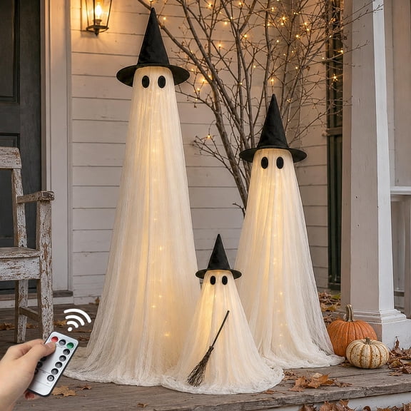 Halloween Decorations Outdoor 3 Pack Lighted Ghost-Family with Timer Remote | 6FT, 5FT & 2.6FT Halloween Ghosts, Upgraded Double Layer Fabric,Wind-Resistant Design, Porch Yard Lawn Garden Party Decor