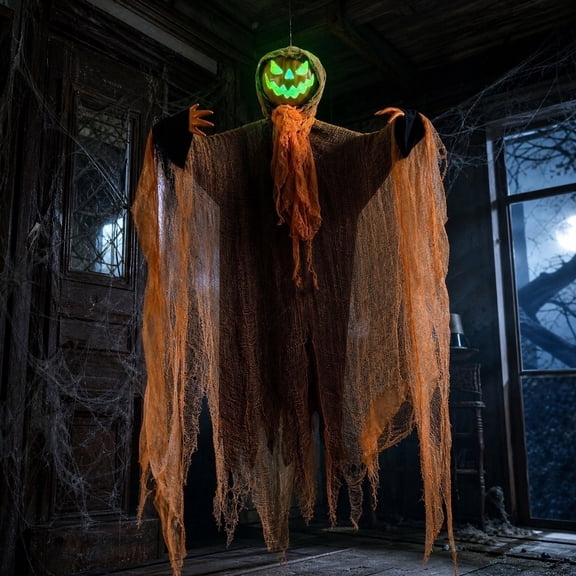 Halloween Decorations Outdoor, 47 inch Pumpkinhead Man Hanging Ornament, Scary Animated Light Up Sounds Pumpkin Ghost for Yard, Patio, Haunted House Lawn Garden
