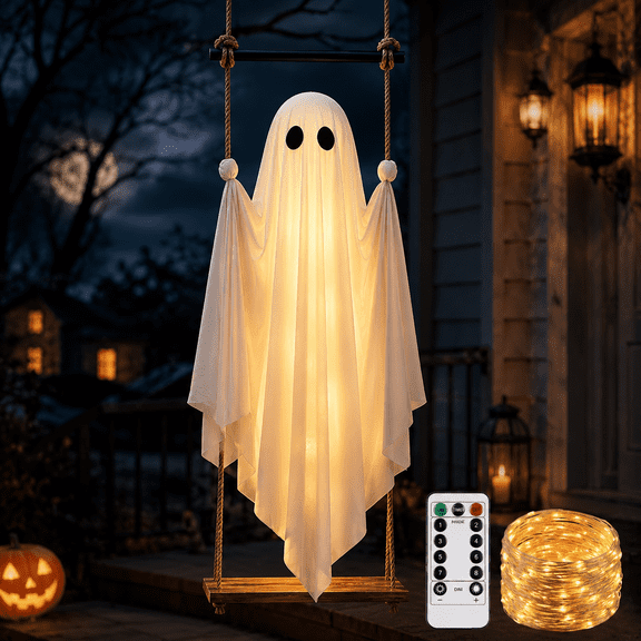 Halloween Decorations Outdoor,4FT Hanging Swing Ghost Halloween Decor with Remote Lights,Swinging Ghost for Front Porch Yard Tree