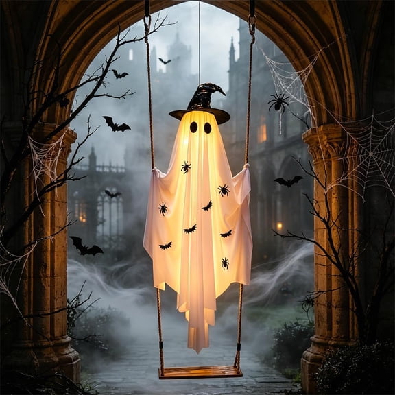 Halloween Decorations Outdoor 5.9FT Cute Hanging Swing Ghost Indoor with Witch Hat Remote Control String Lights Spooky Ghost Scary Decor for Tree Porch Yard Garden Lawn