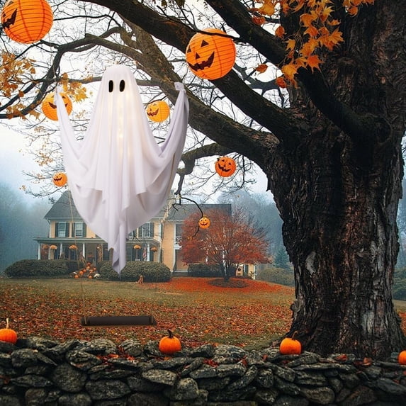Halloween Decorations Outdoor - 5 FT Large Hanging Swing Ghost Halloween Decor with String Lights, Spooky Cute Ghosts Decorations for Front Porch Yard Tree