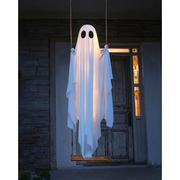 Halloween Decorations Outdoor - 5 FT Large Hanging Swing Ghost Halloween Decor with String Lights, Spooky Cute Ghosts Decorations for Front Porch Yard Tree