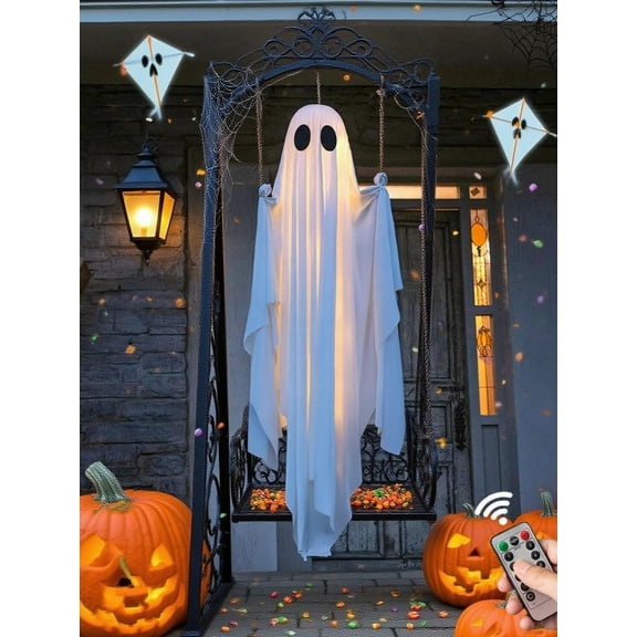 Halloween Decorations Outdoor - 5 FT Large Hanging Swing Ghost Halloween Decor with String Lights - Spooky Cute Ghosts Decorations for Front Porch Yard Tree