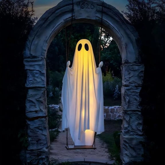 Halloween Decorations Outdoor, 5 FT Large Hanging Swing Ghost Halloween Hanging Decor with String Lights, Light Up Spooky Cute Ghosts Tree Porch Yard Garden Lawn
