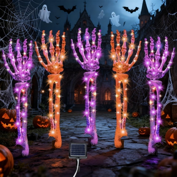 Halloween Decorations Outdoor, 5 PCS Collasis Solar Lighted Skeleton Arm Stakes, Scary Realistic Hands Bone with 7 Lighting Modes, Waterproof Halloween Arm Lighted Stakes for Yard Party Ornament