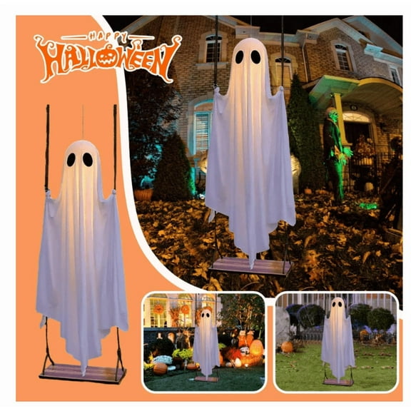 Halloween Decorations Outdoor - 5FT Large Hanging Ghost Swing with Remote Control String Lights & Upgraded Sheet, Scary Ghost Halloween Party Decor Outside for Tree Porch Yard Garden Lawn