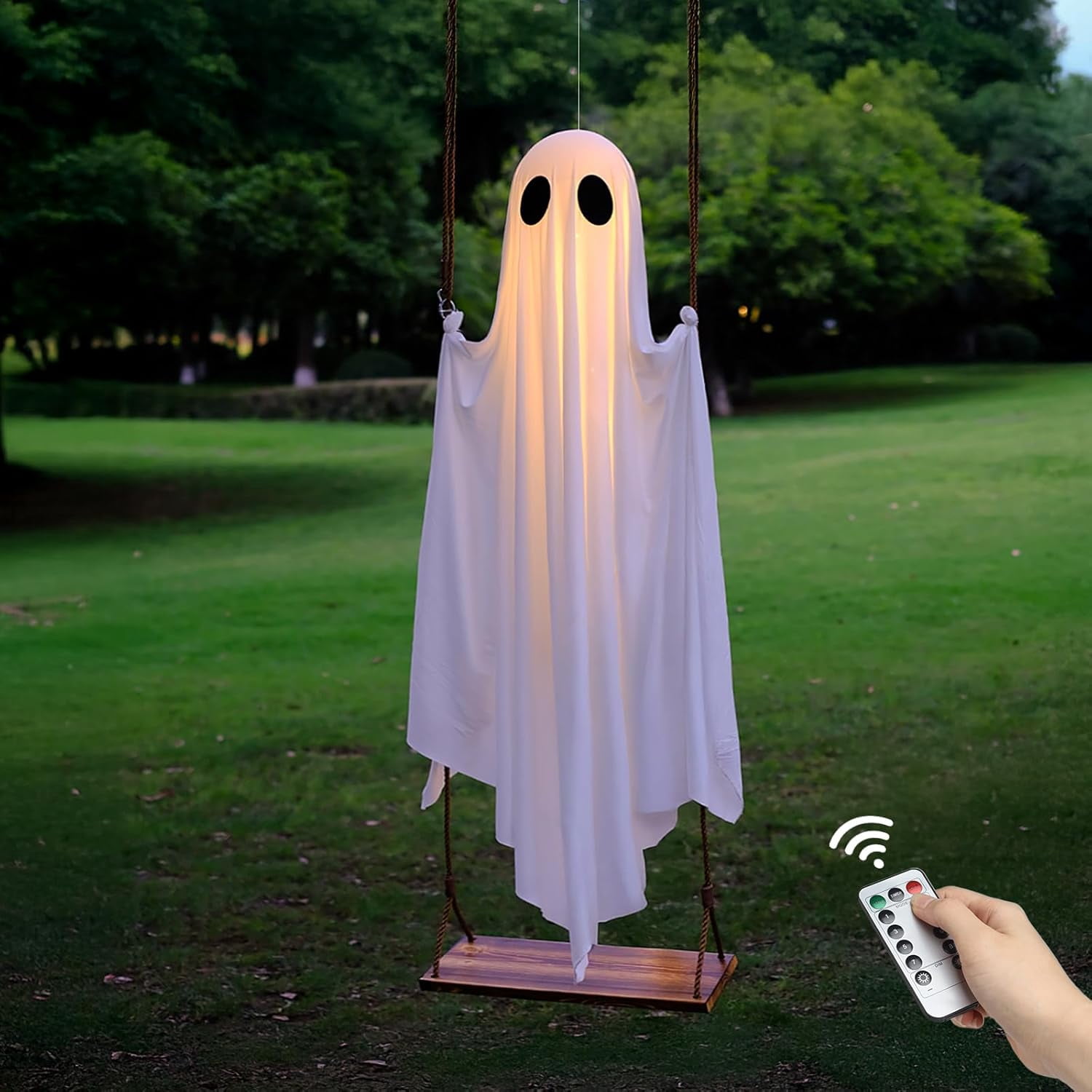 Halloween Decorations Outdoor - 5FT Large Hanging Ghost Swing with Remote Control String Lights & Upgraded Sheet, Scary Ghost Halloween Party Decor Outside for Tree Porch Yard Garden Lawn