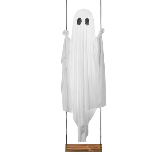 Halloween Decorations Outdoor - 5FT Large Hanging Ghost Swing with Remote Control String Lights & Upgraded Sheet, Scary Ghost Halloween Party Decor Outside for Tree Porch Yard Garden Lawn