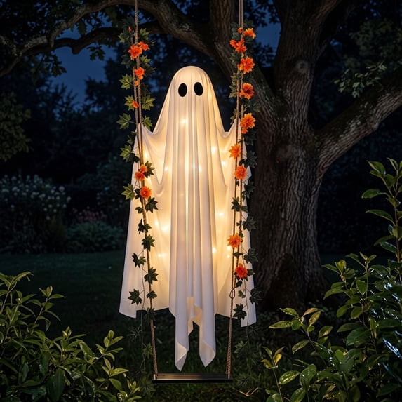 Halloween Decorations Outdoor 5Ft Pre-Assembled Hanging Swing Ghost With Lights Spooky Hanging Ghosts for Porch Yard Tree Party