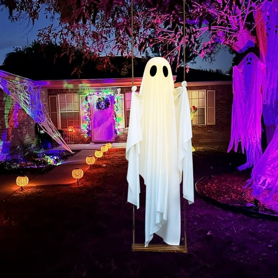 Halloween Decorations Outdoor - 60in Large Hanging Swing Ghost Halloween Decor with String Lights - Spooky Cute Ghosts Decorations for Front Porch Yard Tree