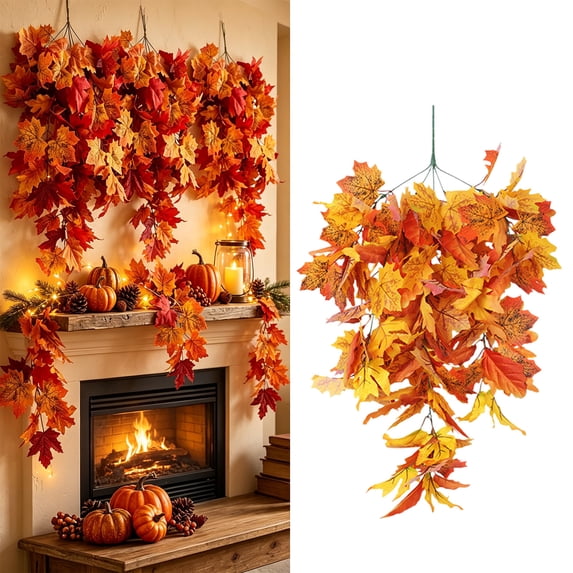 Halloween Decorations Outdoor, Artificial Maple Leaf Wreath, Wicker Harvest Festival Maple Leaf Decoration for Home and Outdoor Displays, 75cm/29.5in