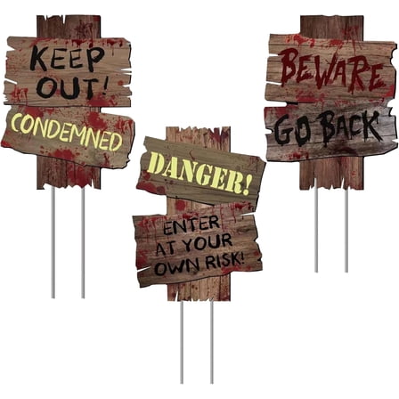 Halloween Decorations Outdoor Beware Yard Signs, 3 Pieces 12" x 9" Large Size Scary Zombie Theme Creepy Assorted Beware Warning Sign, Haunted Houses Decoration Props