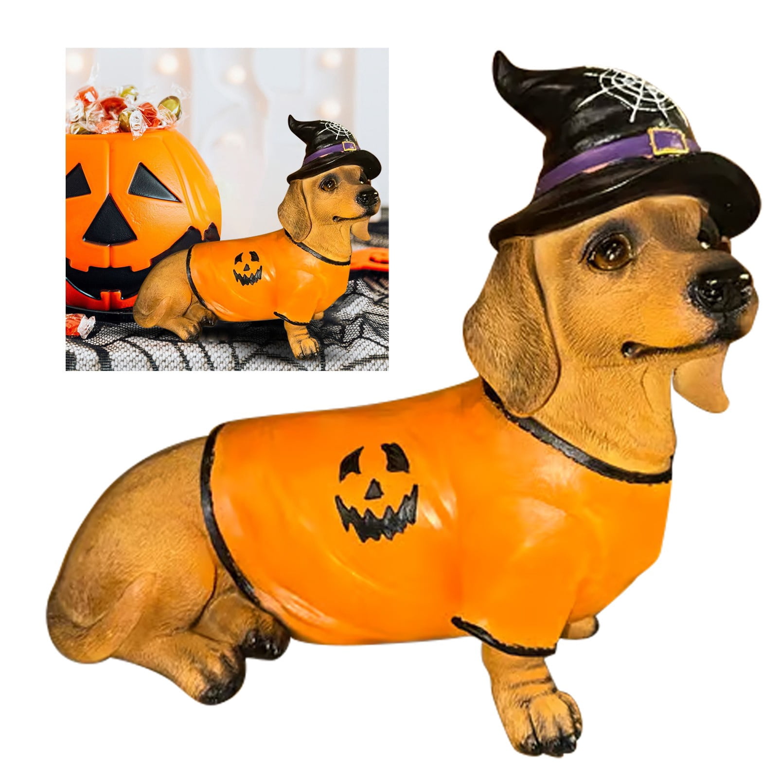 Halloween Decorations Outdoor Dachshund Decor Statue with Witch Hat & Pumpkin Sweater Design, Dachshund Garden Statues, Yard & Indoor Party, Cute Sitting Dog Sculpture, Halloween Ornaments 7.87"